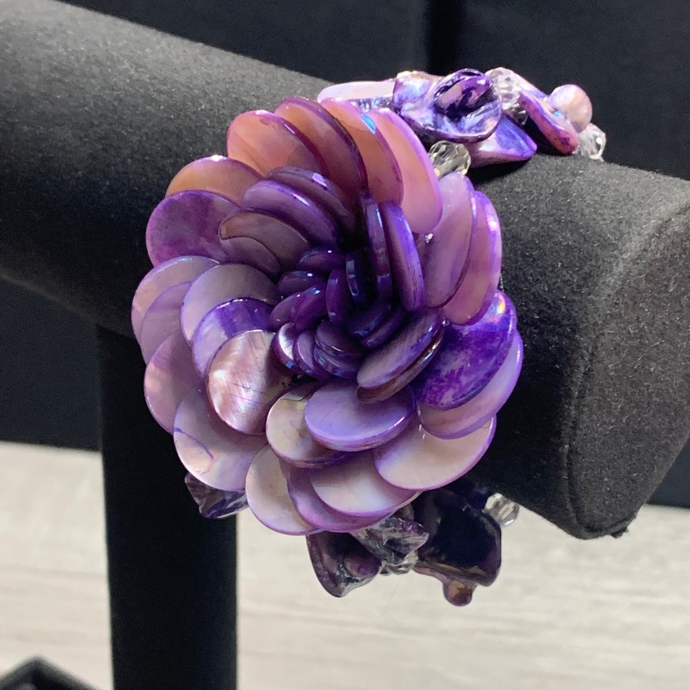 Purple Mother of Pearl Shell Flower Stretch Bracelet Iridescent 3-Row Statement